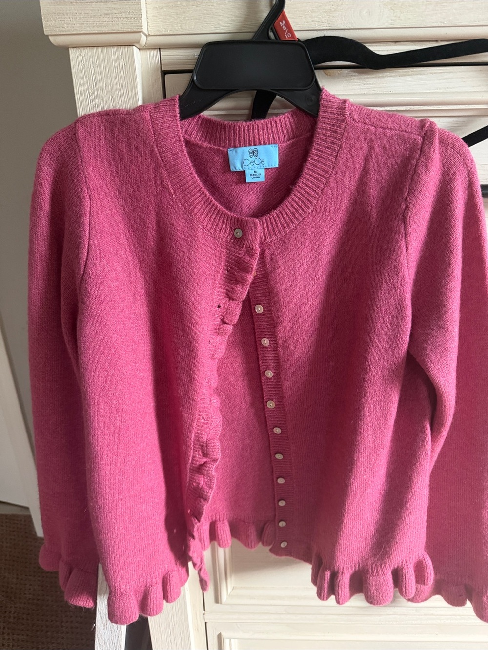 CeCe Hot Pink Ruffle-Trim Button Cardigan